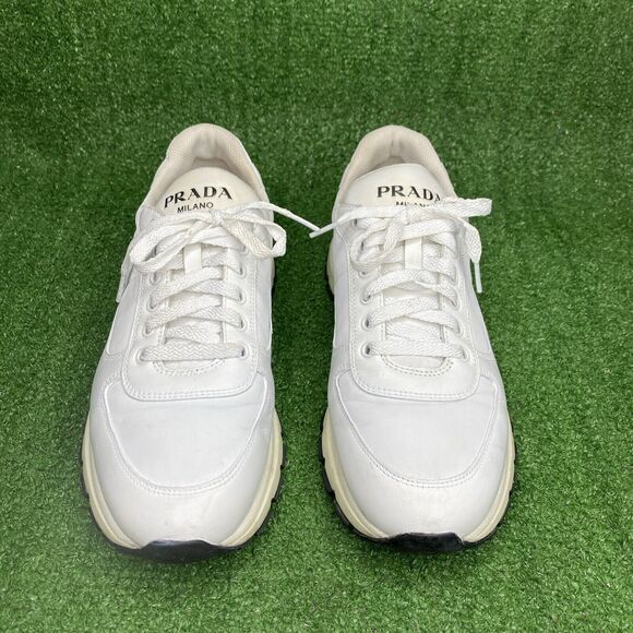 PRADA MENS ATHLETIC SPORT SNEAKERS WHITE LEATHER + NYLON SHOES Size US 8 - Picture 4 of 6